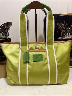 Coach Lime Green Satin Tote with Green Trim and Striped Webbing